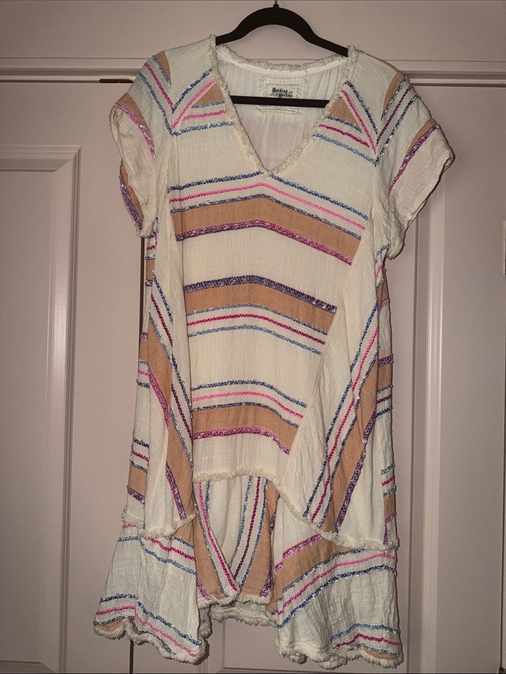 HOLDING HORSES Cream Mini Dress with Tan, Pink & Blue Stripes